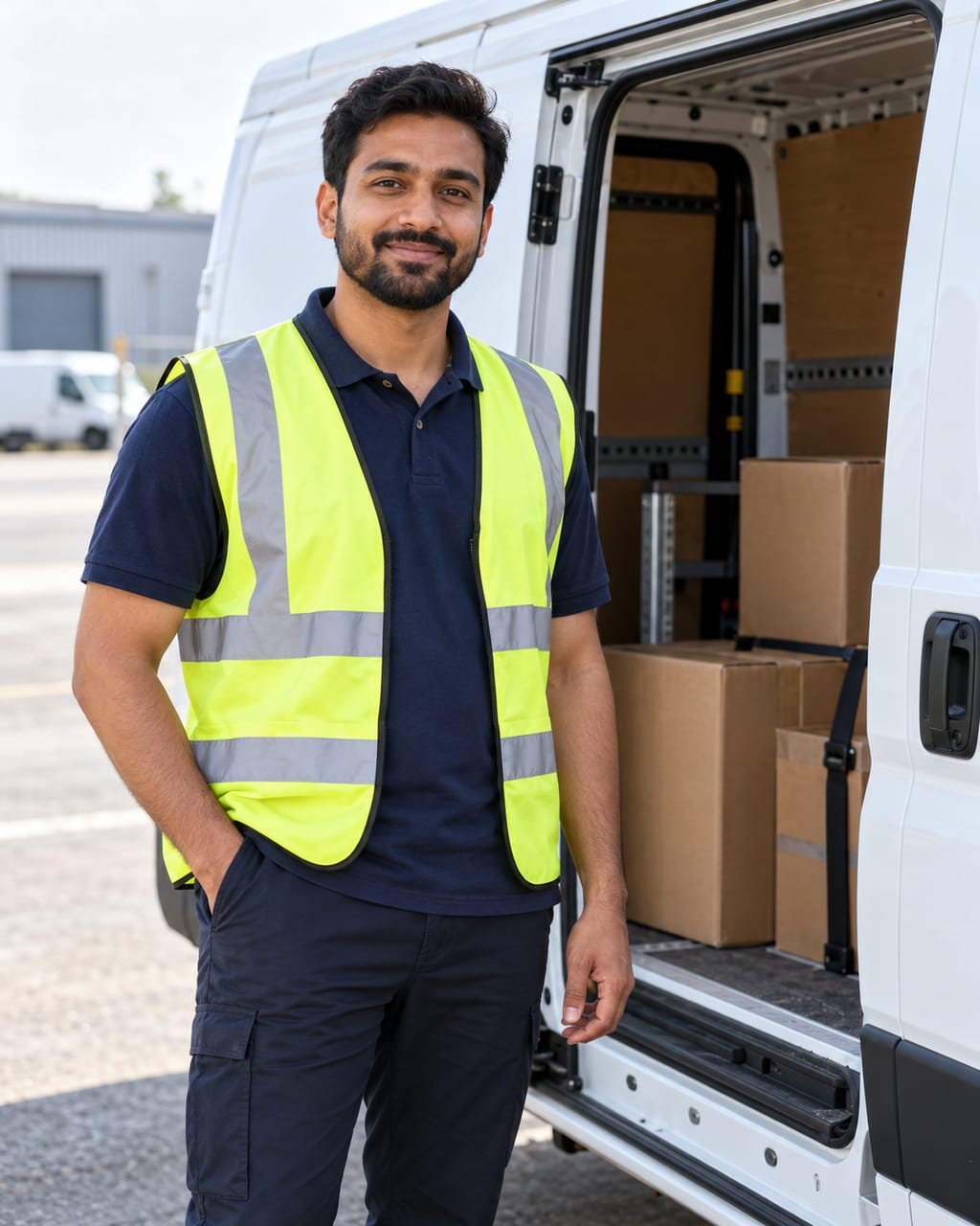 Delivery driver in a high-visibility vest standing beside the open side door of a white cargo van loaded with packages